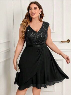 Black Sequin V-Neck Cocktail Dress Size 3X